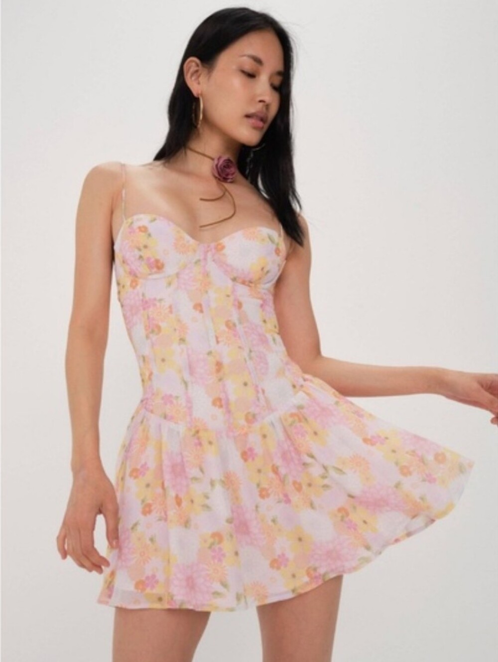 For Love & Lemons Carrie Mini Dress Corset Floral Pastel Romantic Size L NWT